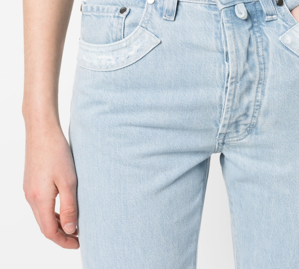032C Double Shift Ripped-Patch Straight-Leg Jeans Close Up View
