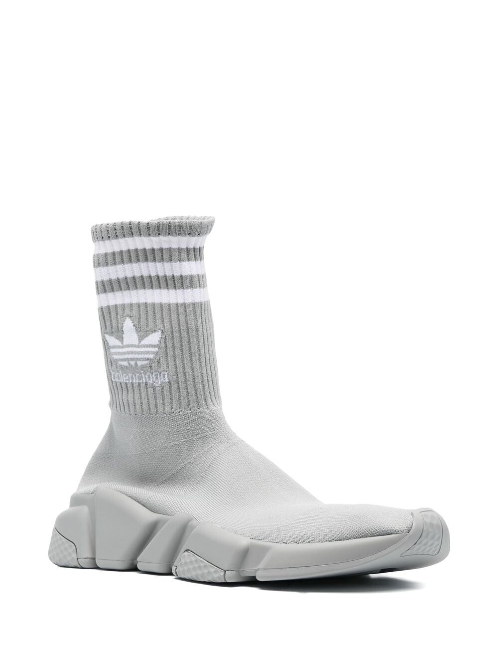 Adidas X Balenciaga Intarsia-Knit Logo Sock-Style Sneakers Grey Front Side View