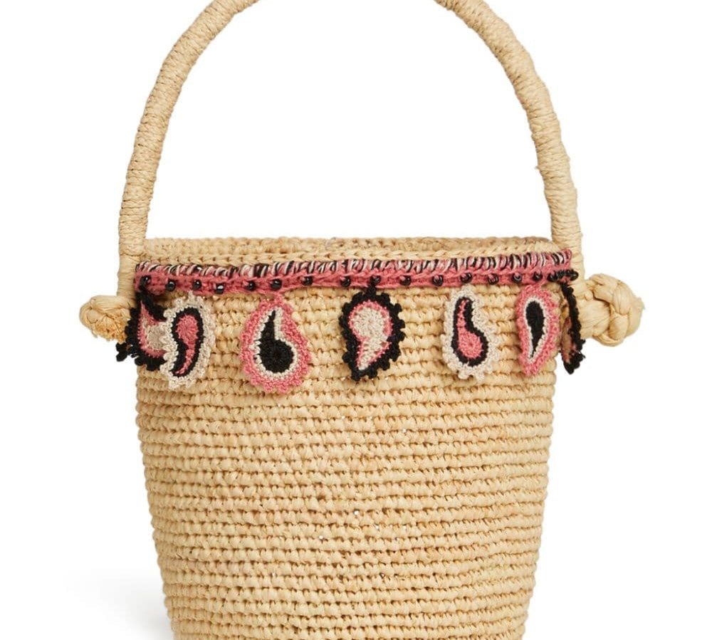 Alanui Paisley-Appliqué Raffia Basket Bag Front Close Up View 
