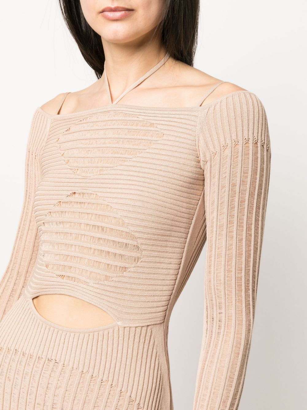 Andrea Adamo Ribbed-Knit Mini Dress Beige Close Up Side View