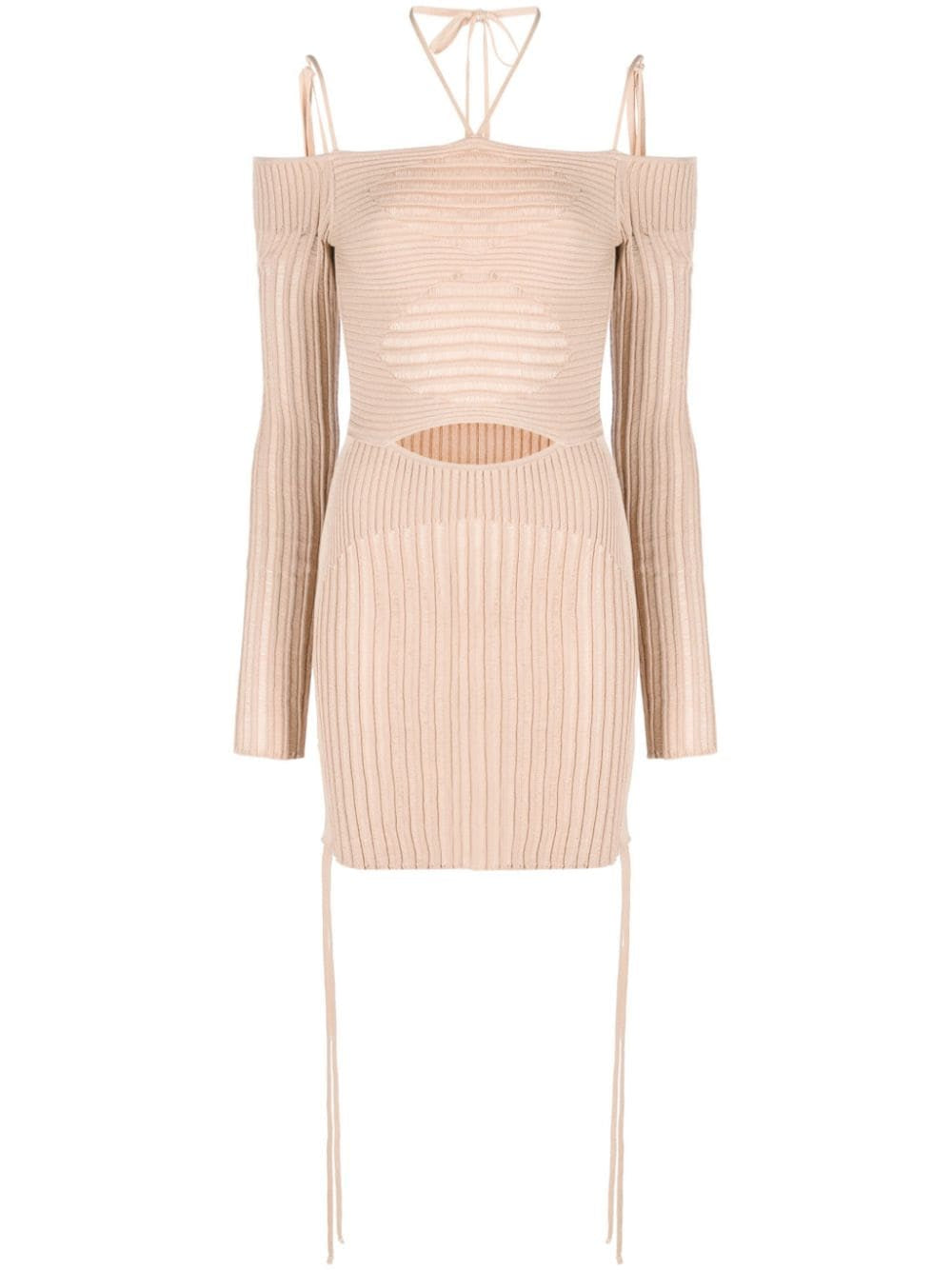 Andrea Adamo Ribbed-Knit Mini Dress Beige Front View