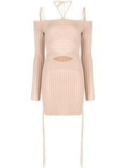 Andrea Adamo Ribbed-Knit Mini Dress Beige Front View
