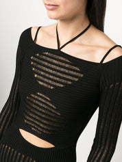 Andrea Adamo Ribbed-Knit Mini Dress Black Close Up View