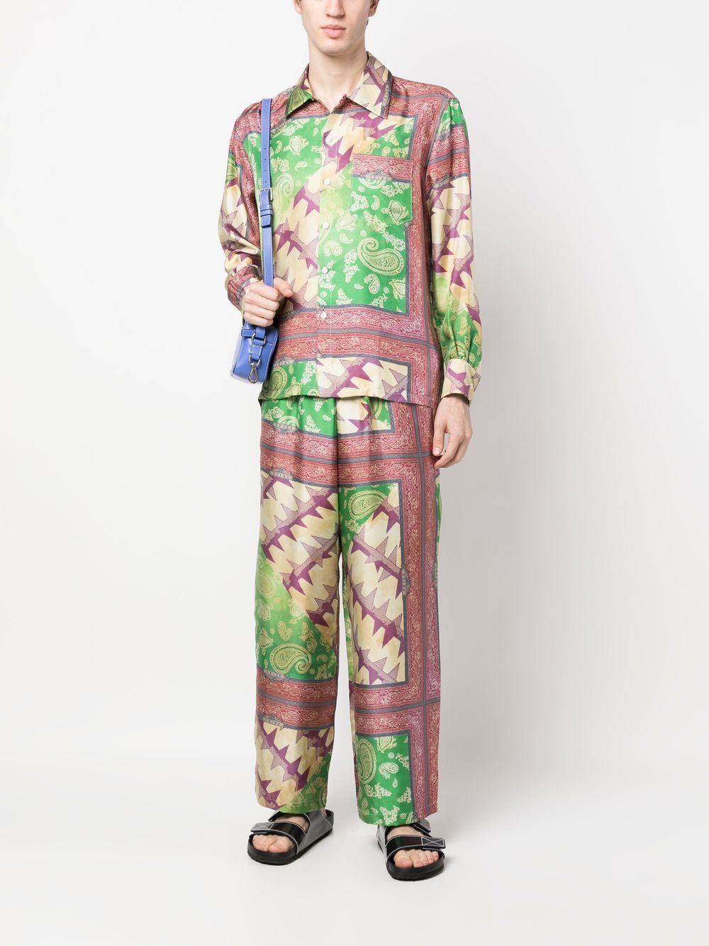 Aries Paisley-Print Silk Trousers Far Front Side View
