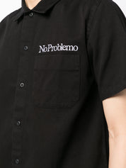 Aries Slogan-Embroidered Cotton Shirt Black Close Up  View