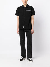 Aries Slogan-Embroidered Cotton Shirt Black Far Front View