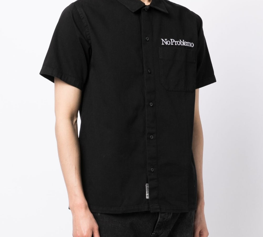 Aries Slogan-Embroidered Cotton Shirt Black Front Side View