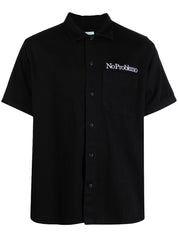 Aries Slogan-Embroidered Cotton Shirt Black Front View