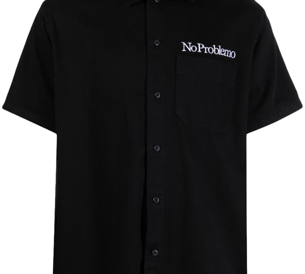 Aries Slogan-Embroidered Cotton Shirt Black Front View