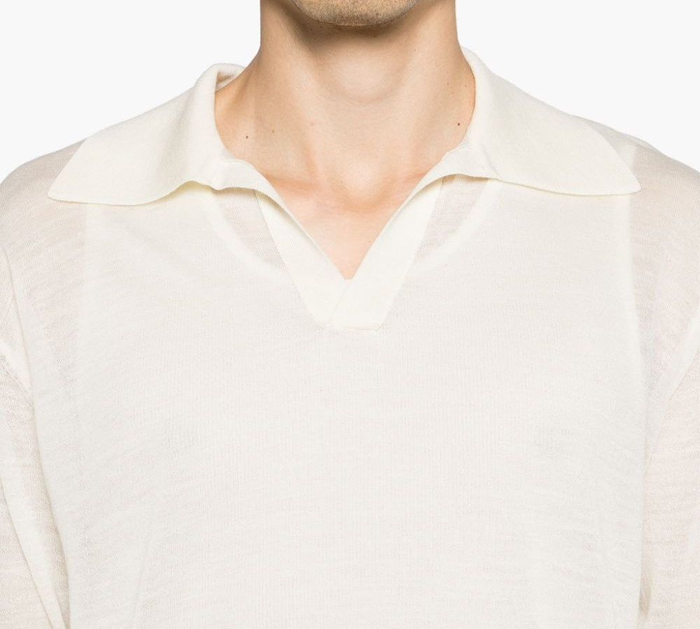 Auralee Wool-Silk Blend Mélange Effect Polo Close Up View 