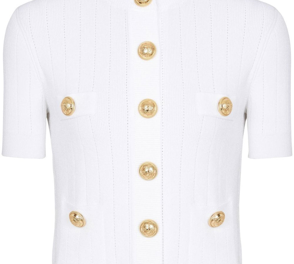 Balmain 4-Pocket Round-Neck Short-Sleeve Knitted Cardigan Front View