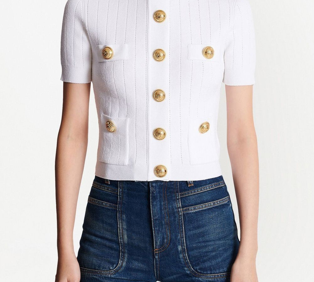 Balmain 4-Pocket Round-Neck Short-Sleeve Knitted Cardigan Regular Front View