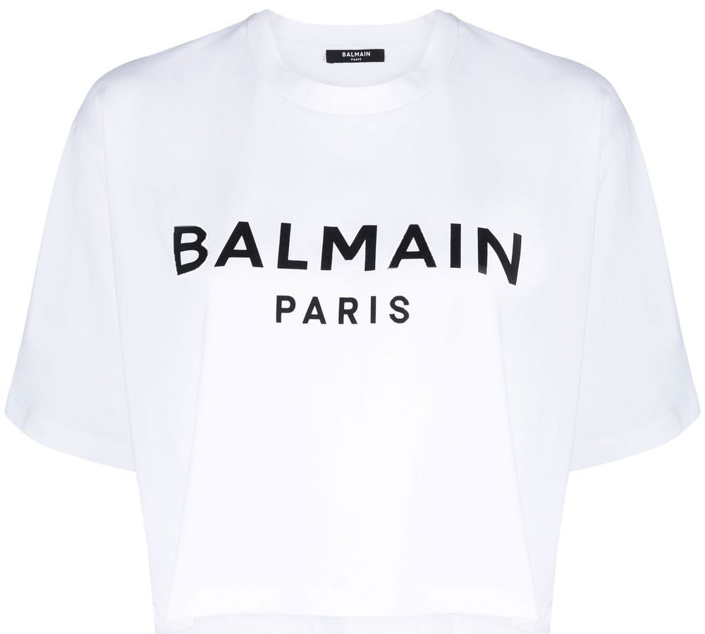 Balmain Cropped Logo Print Cotton Jersey Knit T-Shirt Front View