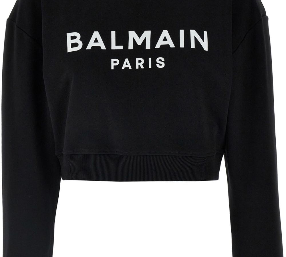 Balmain Logo-Print Crewneck Cotton Cropped Sweatshirt Front View