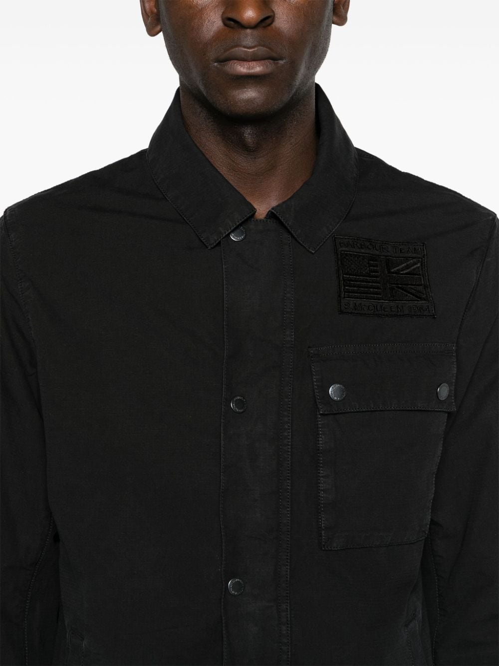 Barbour International Black Ripstop Cotton Chest-Embroidered Logo Jacket Front Close Up View