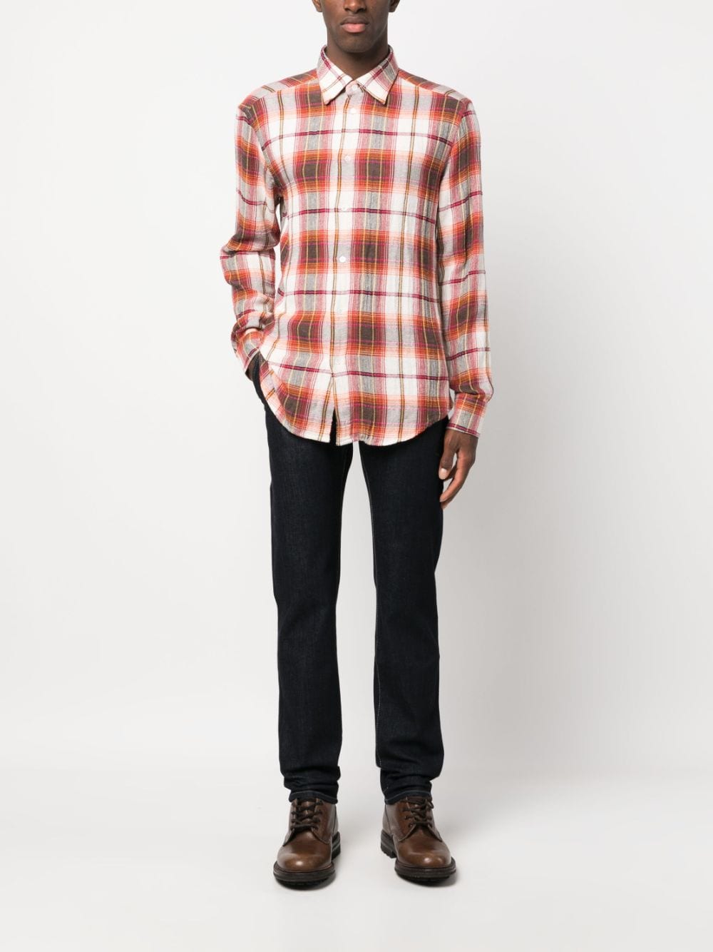 Barena Plaid-Check Pattern Buttoned-Cuff Sleeve Shirt Far Front View