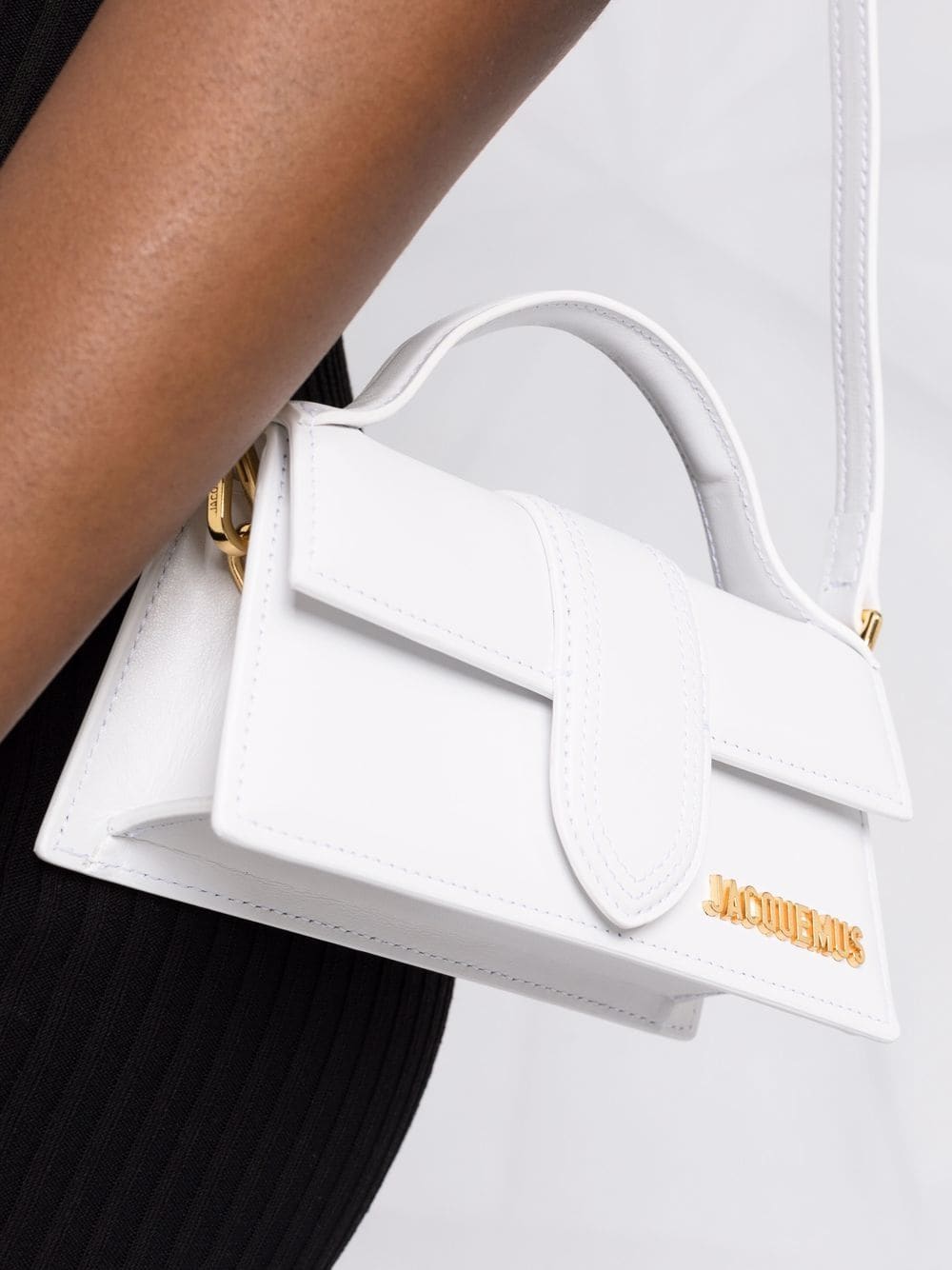 Jacquemus White Leather Gold-Tone Logo Plaque Le Bambino Long Shoulder Bag Front Side View