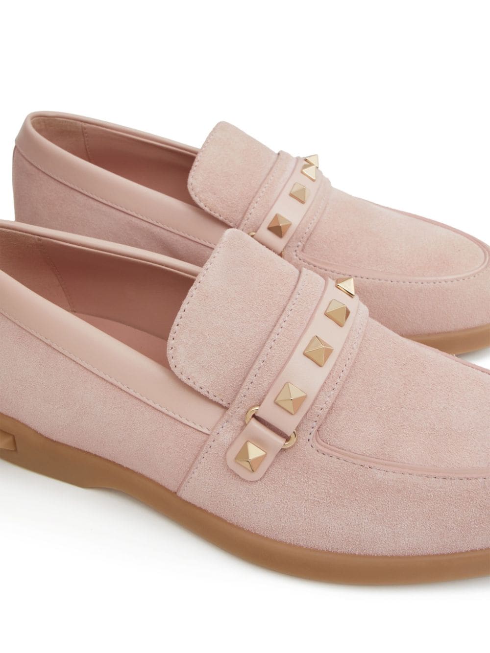 Valentino Garavani Calf Suede Signature Rockstud Moccasins Pink Close Side View 