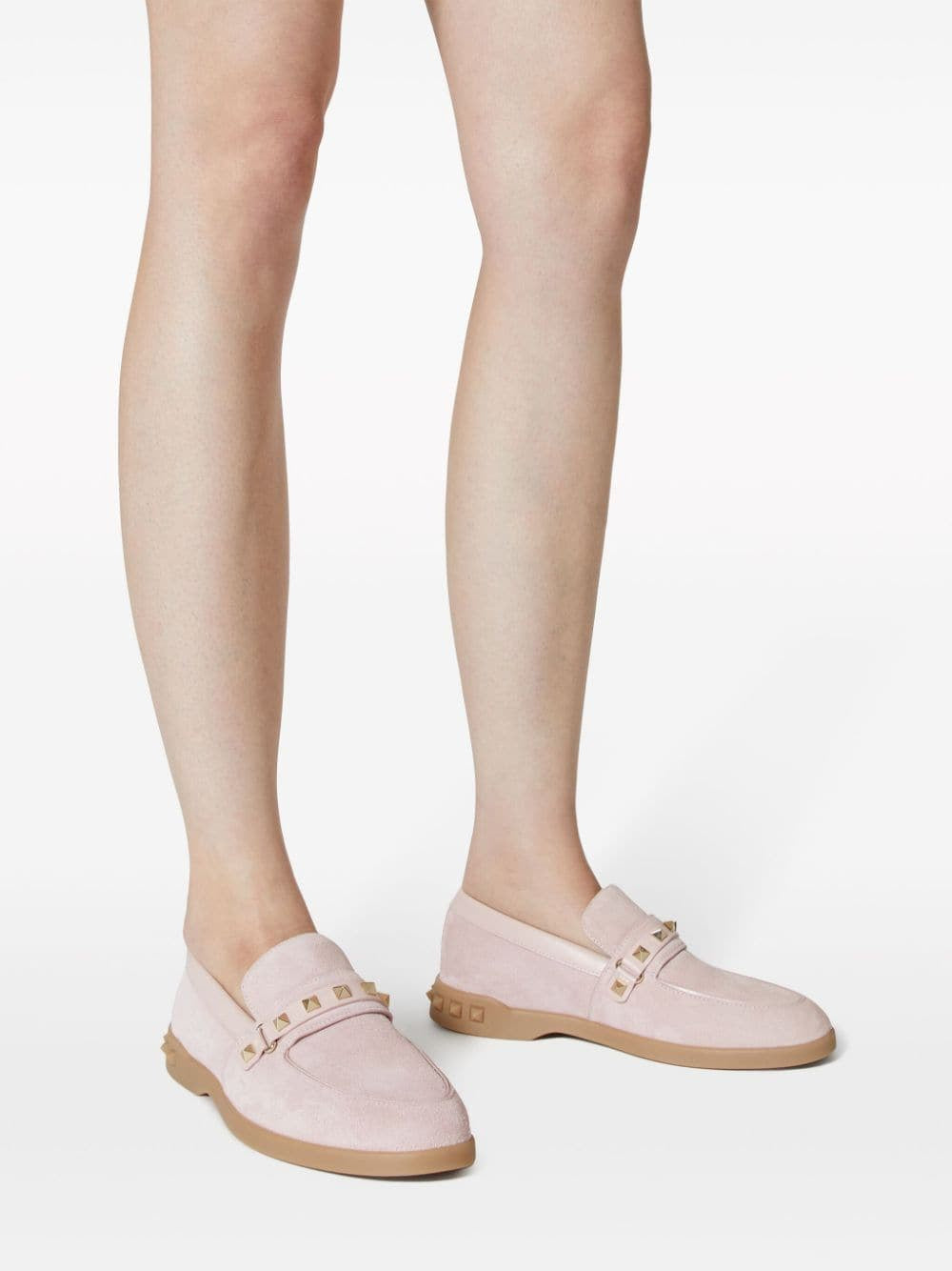 Valentino Garavani Calf Suede Signature Rockstud Moccasins Pink Front Side View 