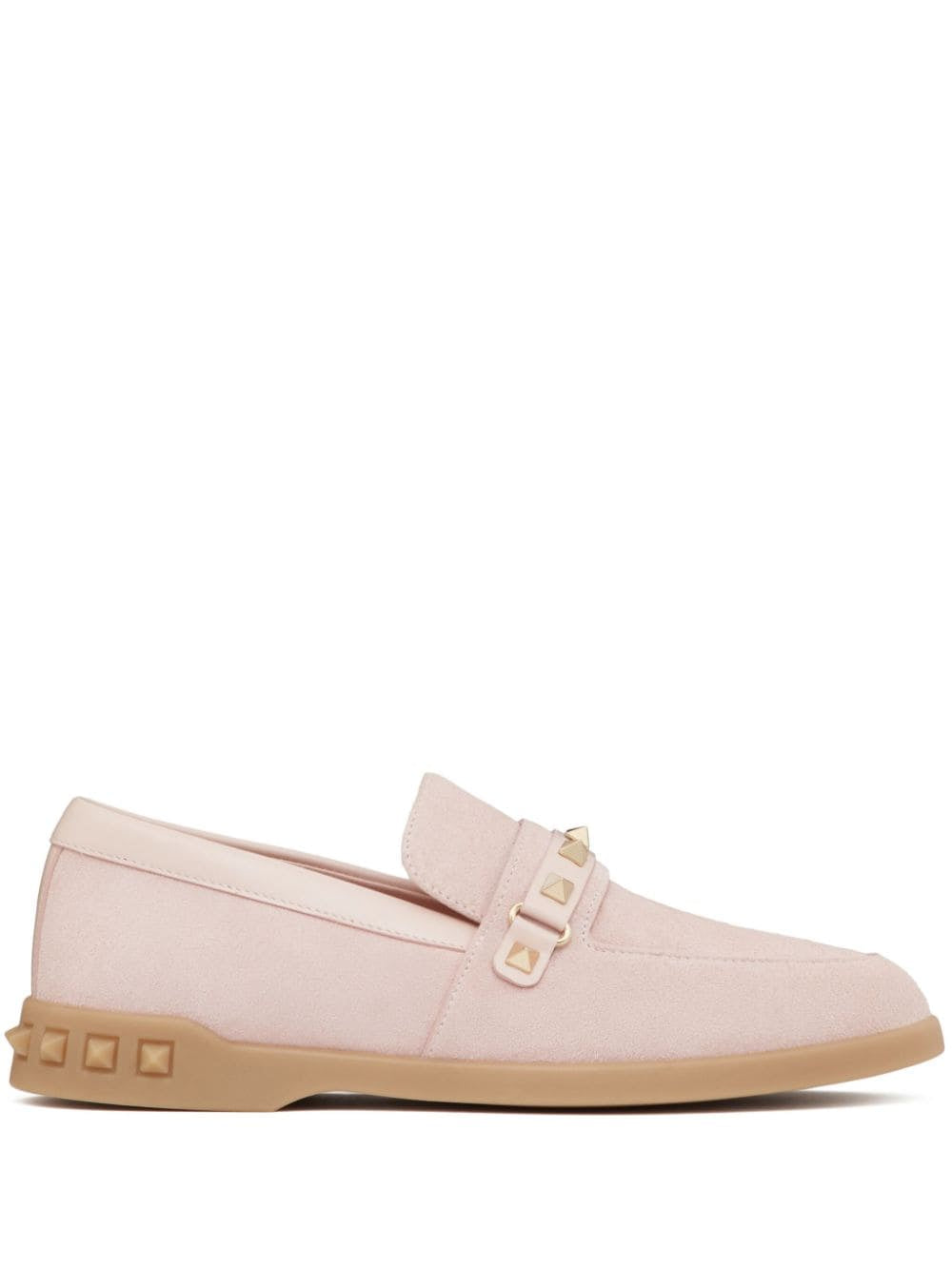 Valentino Garavani Calf Suede Signature Rockstud Moccasins Pink Side View 