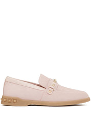 Valentino Garavani Calf Suede Signature Rockstud Moccasins Pink Side View 