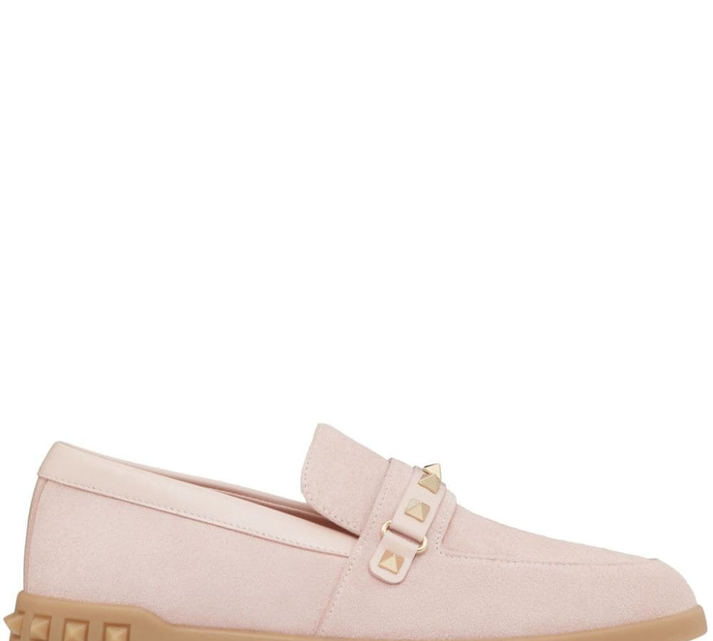 Valentino Garavani Calf Suede Signature Rockstud Moccasins Pink Side View 
