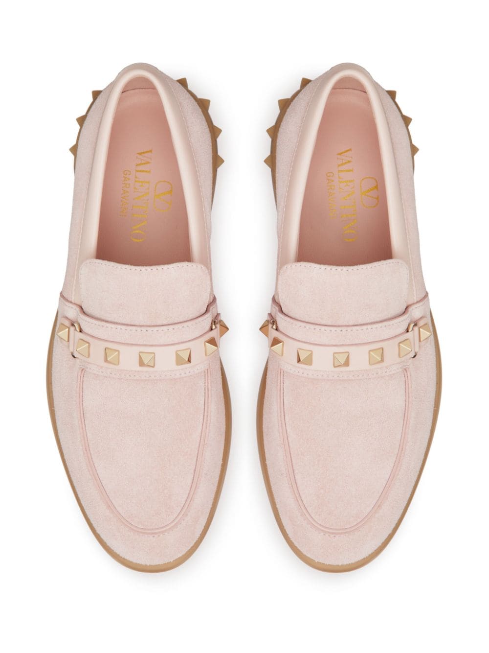 Valentino Garavani Calf Suede Signature Rockstud Moccasins Pink Top View 