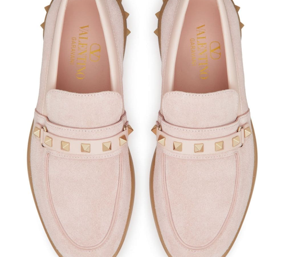 Valentino Garavani Calf Suede Signature Rockstud Moccasins Pink Top View 